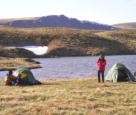 Camping by Loch nan Cnapan, Sgòr Gaoith beyond