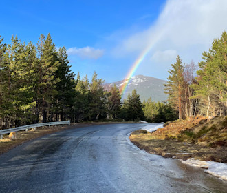 Entrance to Sugarbowl car-park with rainbow over Meall a' Bhuachaille